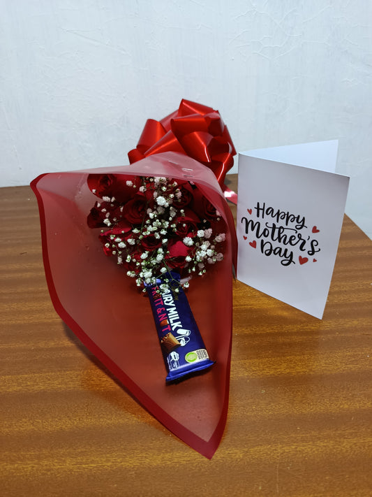 10 RED ROSES WITH A MINI CHOCOLATE BAR