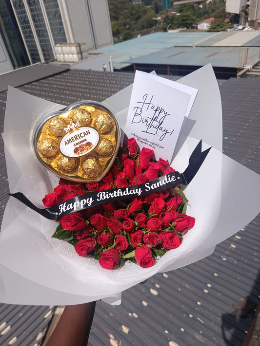 BIRTHDAY FLOWERS WITH A CUSTOMISED RIBBON & 5 PIECES CHOCOLATE BOX