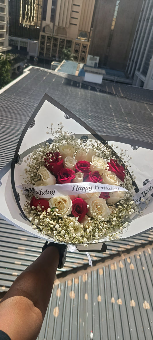 RED & WHITE ROSES WITH A BIRTHDAY RIBBON