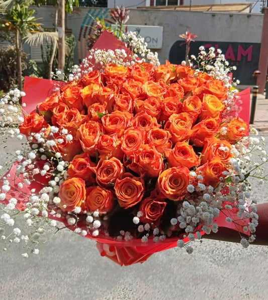60 ORANGE ROSES WITH BABYBREATHS