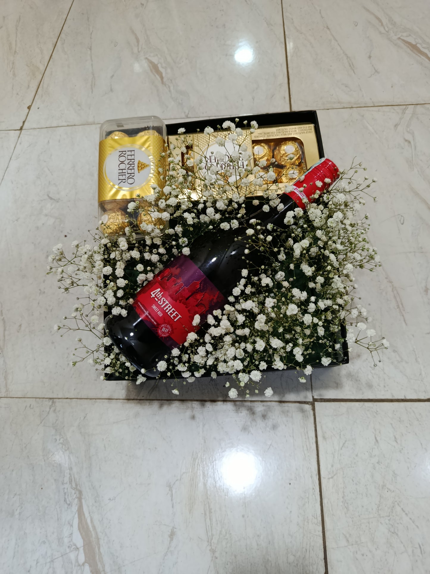 CHOCOLATES, WINE & BABY BREATH GIFT BOX