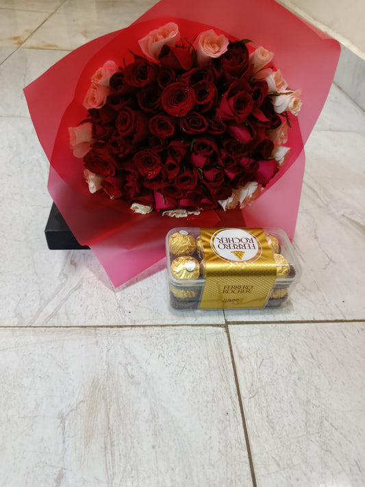 RED & WHITE ROSES WITH 16 PIECES CHOCOLATES