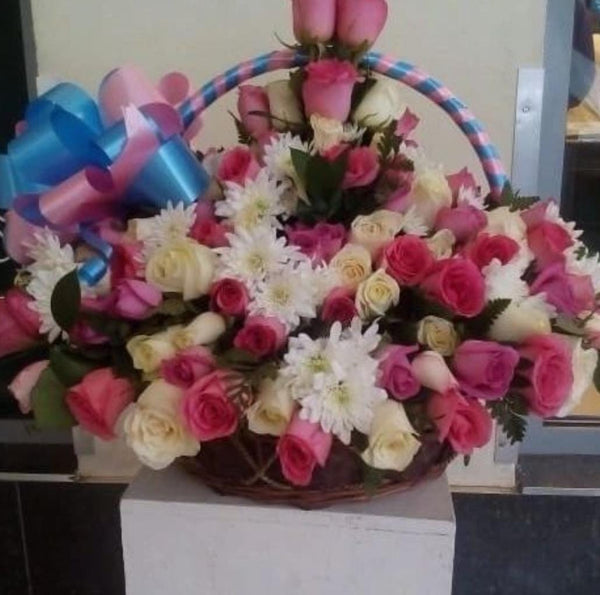 BASKET ROSES & CHRYSANTHEMUMS BOUQUET