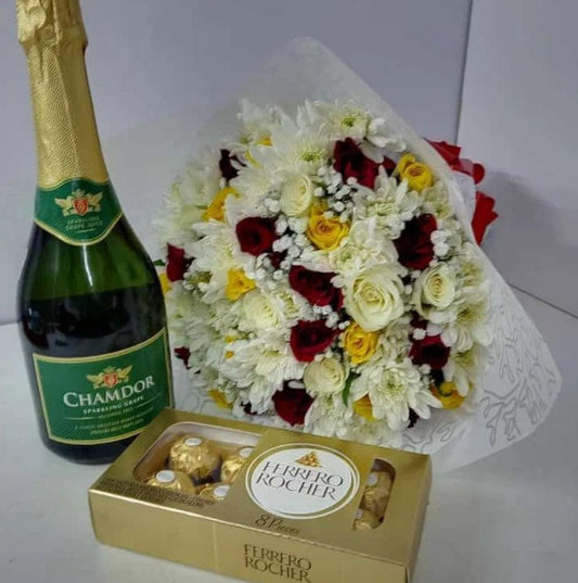 LOVELY FLOWERS, NON-ALCOHOLIC WINE WITH 8 PIECES FERRERO ROCHER CHOCOLATES