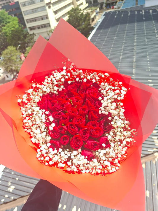 RED ROSES WITH BABY BREATH